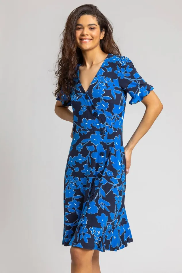 Royal Blue Floral Button Stretch Tea Dress Women Roman Dresses