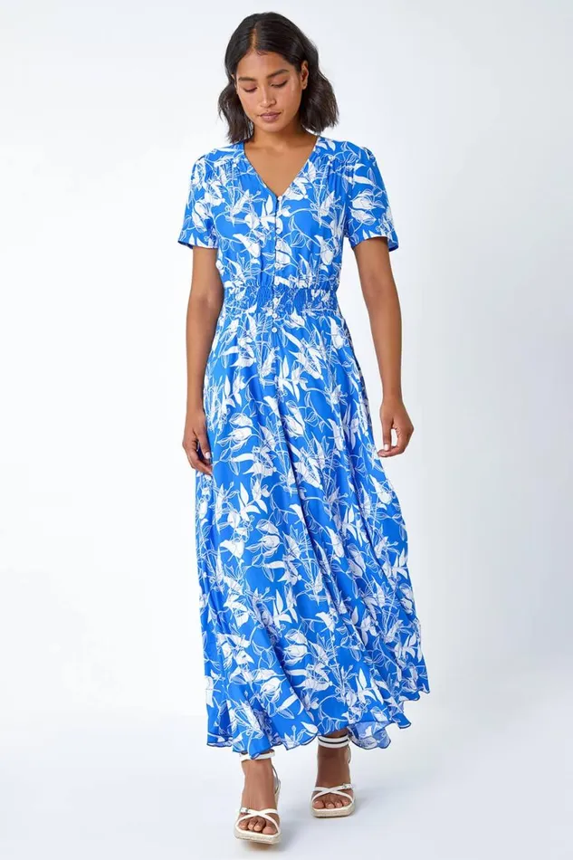 Royal Blue Floral Print Button Detail Maxi Dress Women Roman Dresses