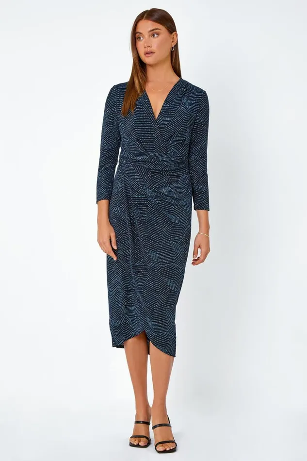 Royal Blue Glitter Print Wrap Midi Stretch Dress Women Roman Dresses