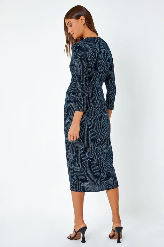 Royal Blue Glitter Print Wrap Midi Stretch Dress Women Roman Dresses