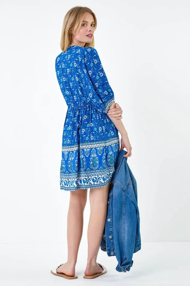 Royal Blue Paisley Floral Border Print Dress Women Roman Dresses