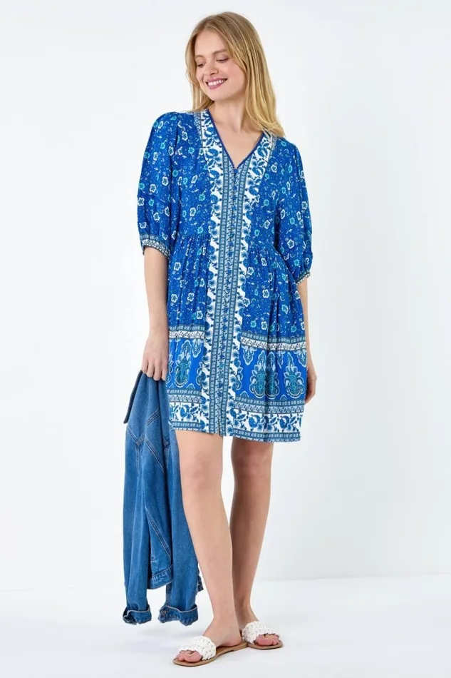 Royal Blue Paisley Floral Border Print Dress Women Roman Dresses
