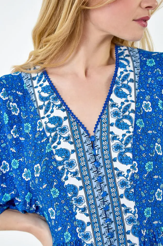 Royal Blue Paisley Floral Border Print Dress Women Roman Dresses