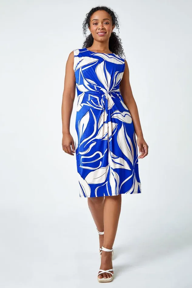 Royal Blue Petite Leaf Print Twist Stretch Midi Dress Women Roman Dresses
