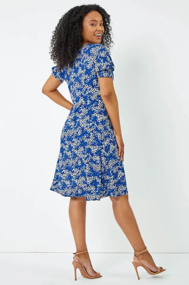 Royal Blue Petite Shirred Sleeve Floral Dress Women Roman Dresses