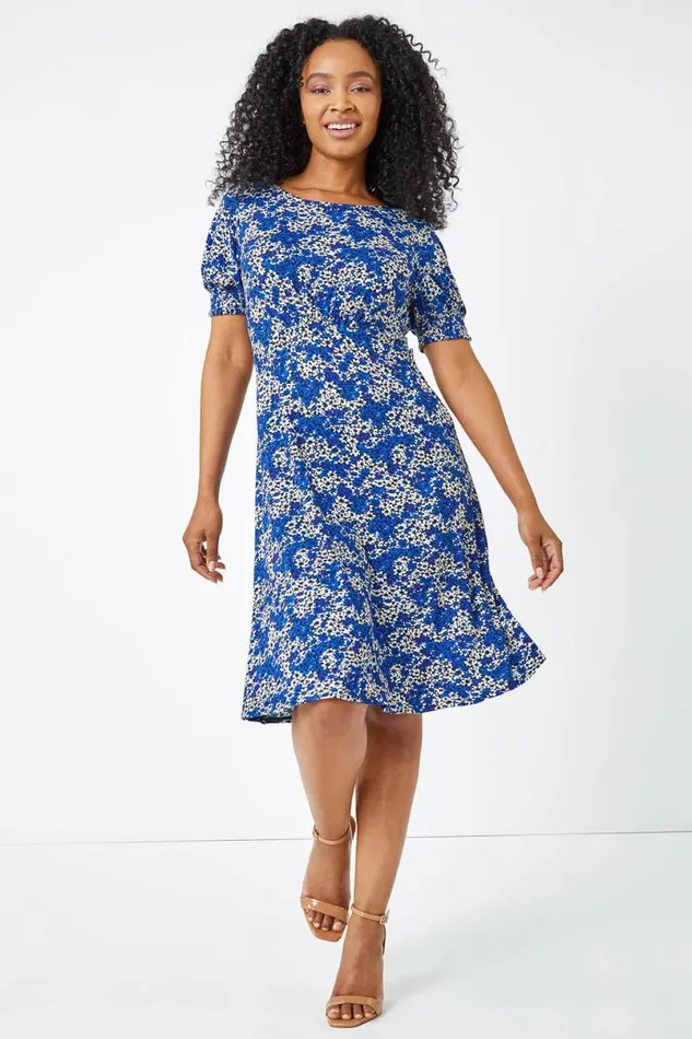 Royal Blue Petite Shirred Sleeve Floral Dress Women Roman Dresses