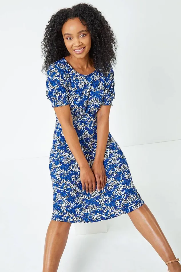 Royal Blue Petite Shirred Sleeve Floral Dress Women Roman Dresses
