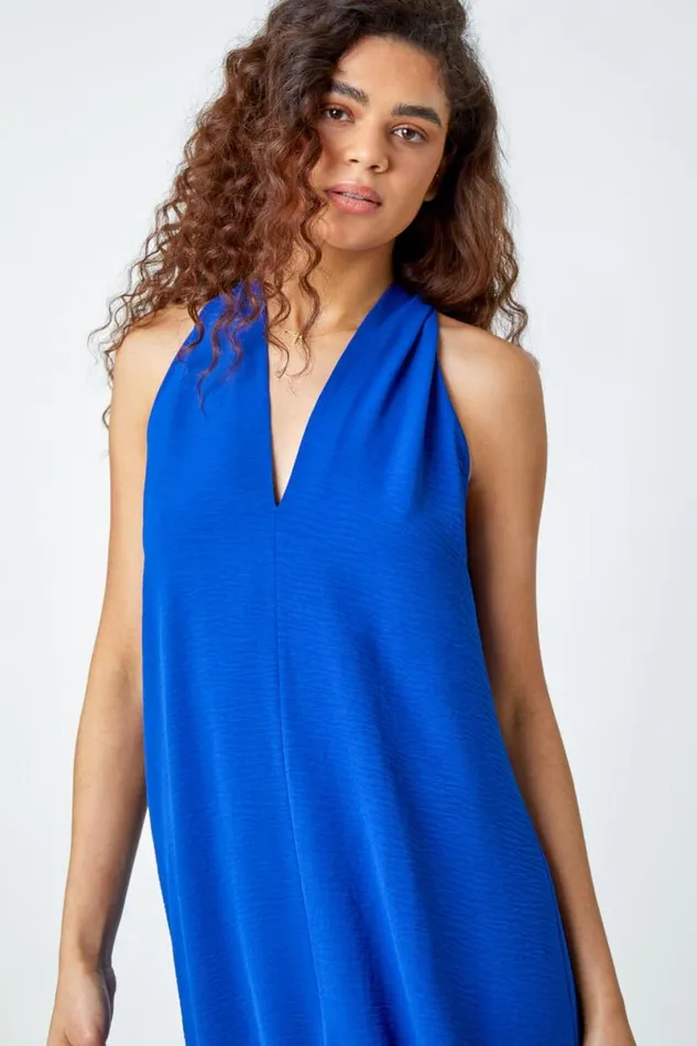 Royal Blue Plain Twist Detail Trapeze Maxi Dress Women Roman Dresses