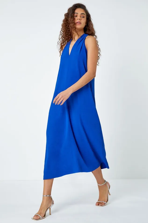 Royal Blue Plain Twist Detail Trapeze Maxi Dress Women Roman Dresses
