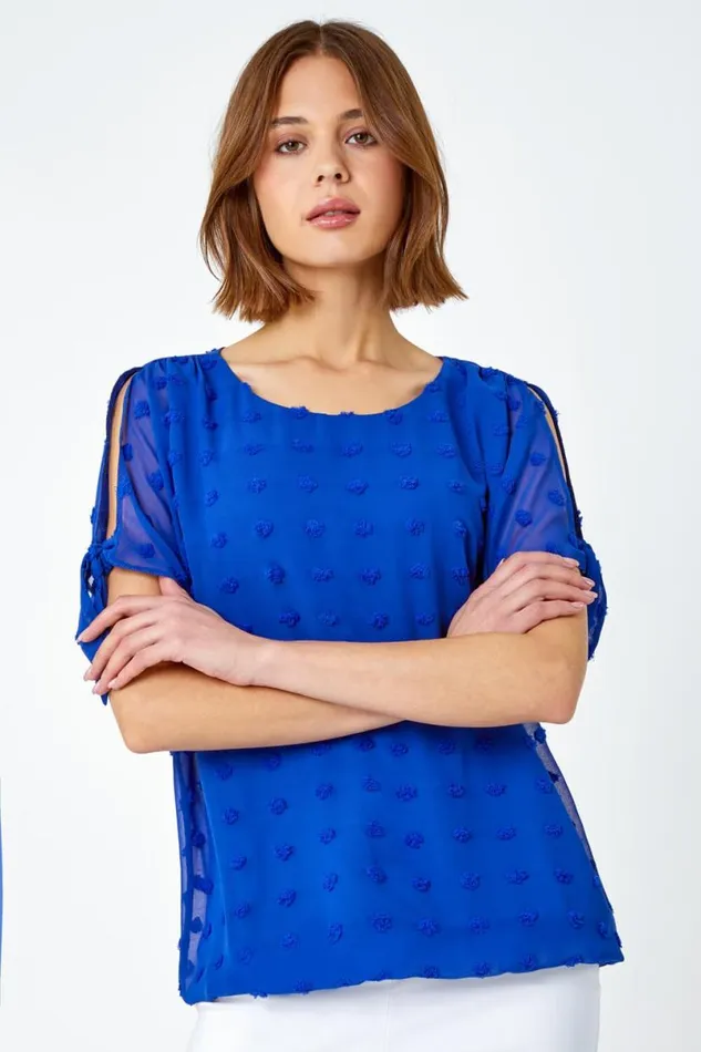 Royal Blue Textured Spot Split Sleeve Chiffon Top Women Roman Tops