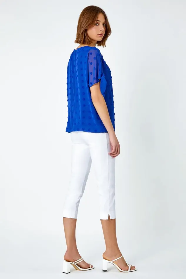Royal Blue Textured Spot Split Sleeve Chiffon Top Women Roman Tops