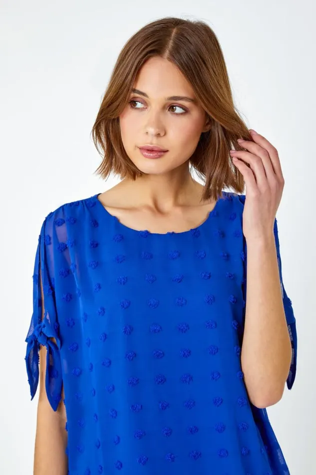 Royal Blue Textured Spot Split Sleeve Chiffon Top Women Roman Tops