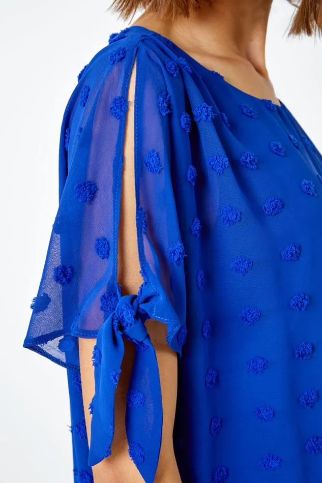 Royal Blue Textured Spot Split Sleeve Chiffon Top Women Roman Tops