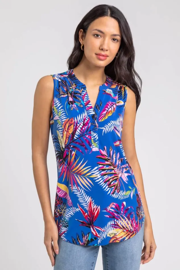 Royal Blue Tropical Print Stretch Jersey Top Women Roman Occasionwear