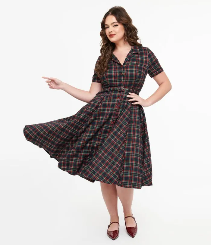 Royal Monk 1950s Green and Red Plaid Merry Holidays Swing Dress Dresses Unique Vintage Pocket Dresses