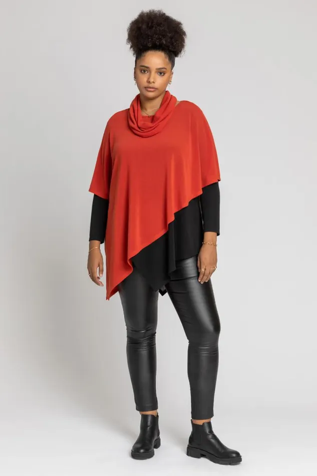Rust Curve Colourblock Asymmetric Snood Top Women Roman Tops
