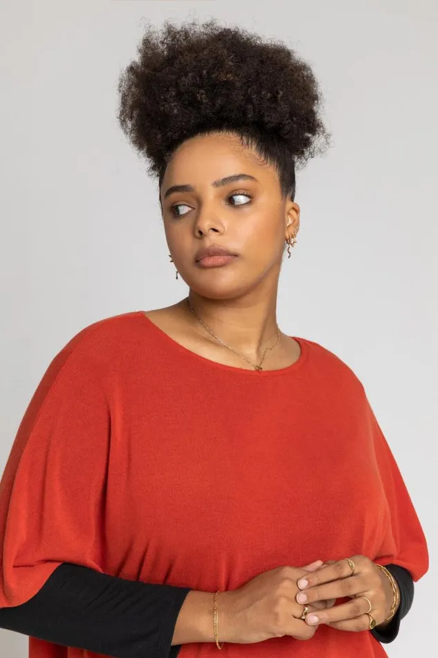 Rust Curve Colourblock Asymmetric Snood Top Women Roman Tops
