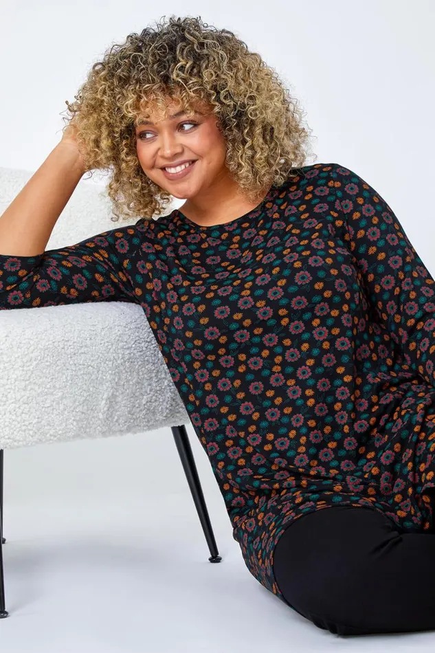 Rust Curve Floral Pocket Detail Stretch Tunic Top Women Roman Tops