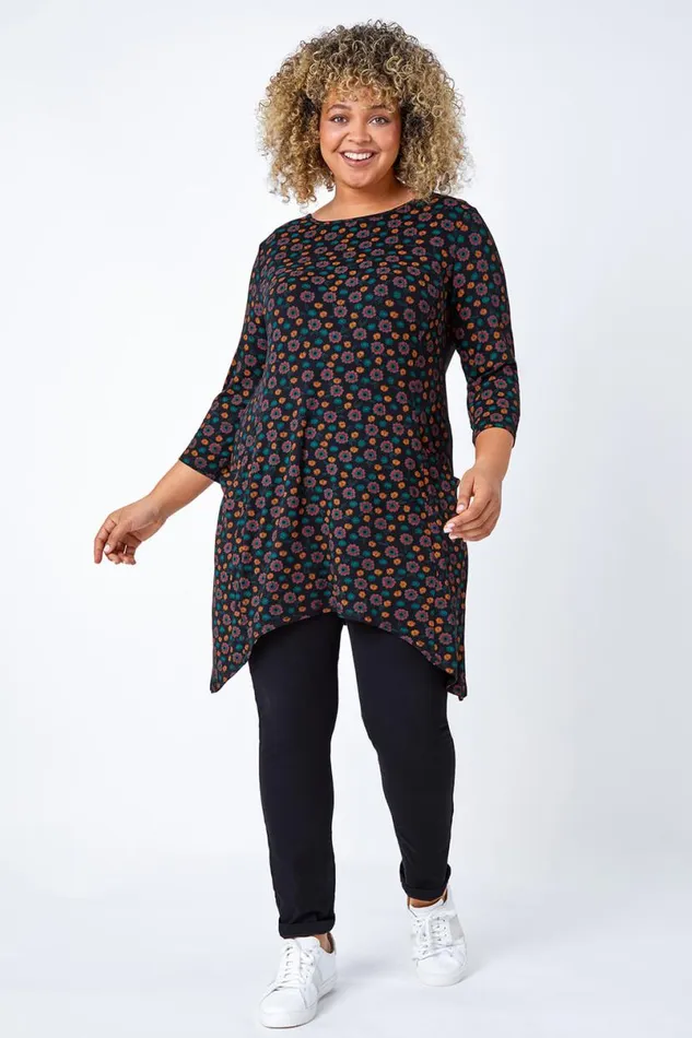 Rust Curve Floral Pocket Detail Stretch Tunic Top Women Roman Tops