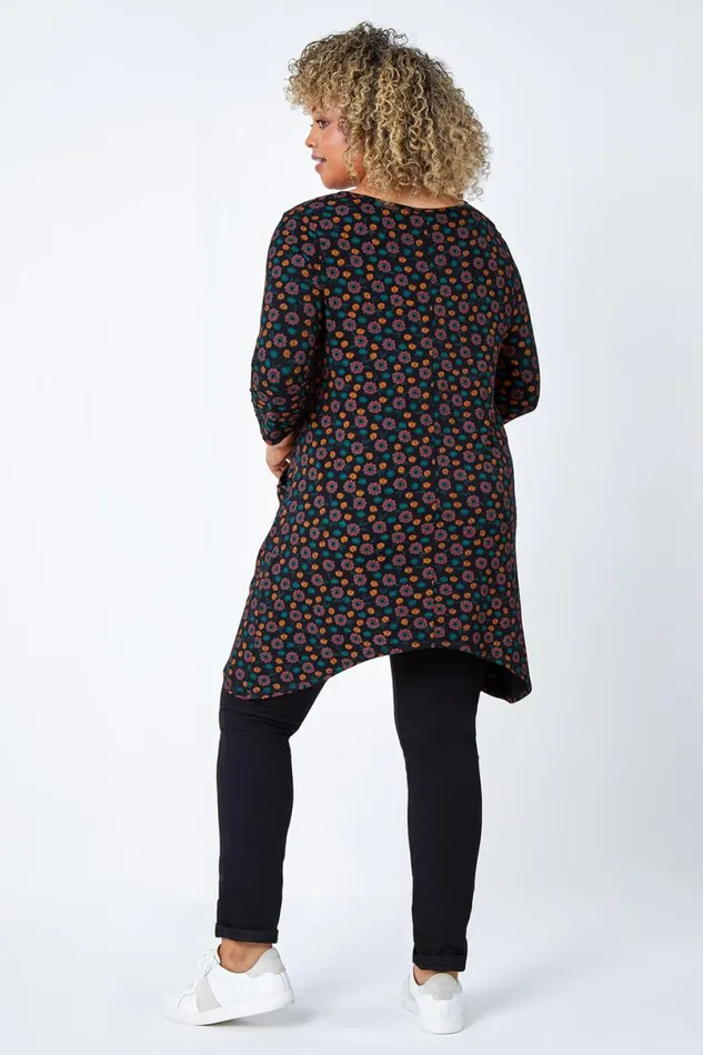 Rust Curve Floral Pocket Detail Stretch Tunic Top Women Roman Tops