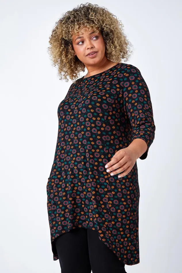 Rust Curve Floral Pocket Detail Stretch Tunic Top Women Roman Tops