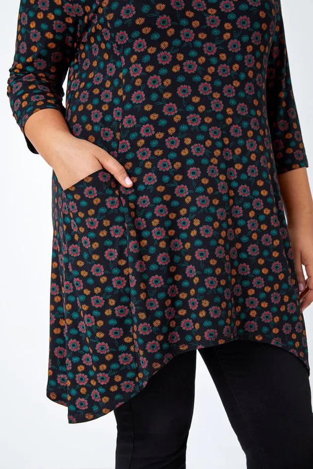 Rust Curve Floral Pocket Detail Stretch Tunic Top Women Roman Tops