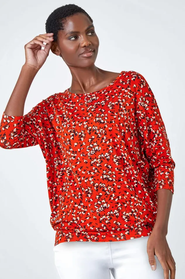 Rust Ditsy Floral Stretch Blouson Top Women Roman Tops