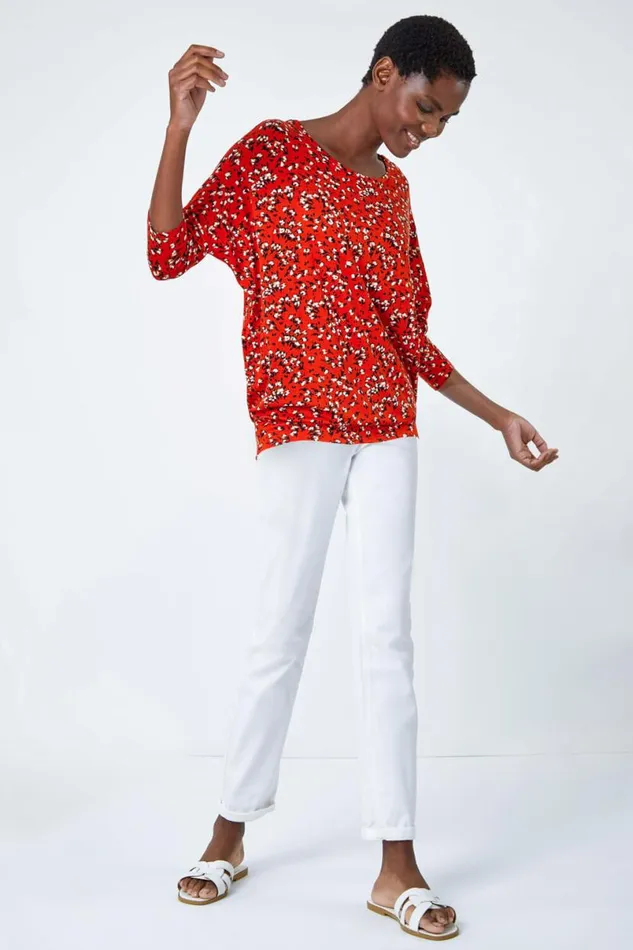 Rust Ditsy Floral Stretch Blouson Top Women Roman Tops