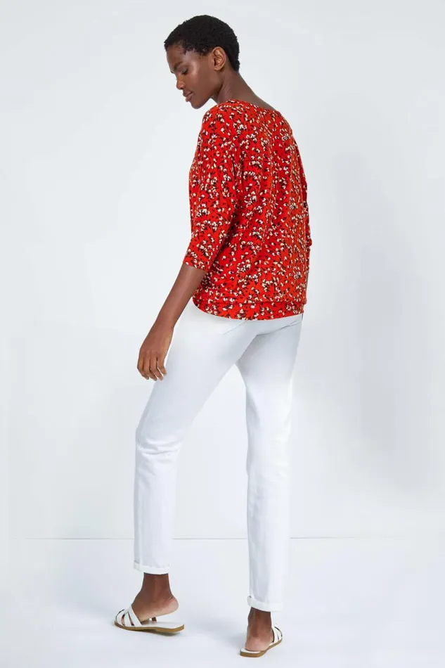 Rust Ditsy Floral Stretch Blouson Top Women Roman Tops