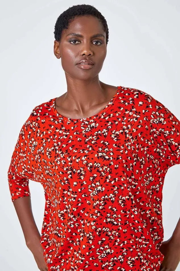 Rust Ditsy Floral Stretch Blouson Top Women Roman Tops