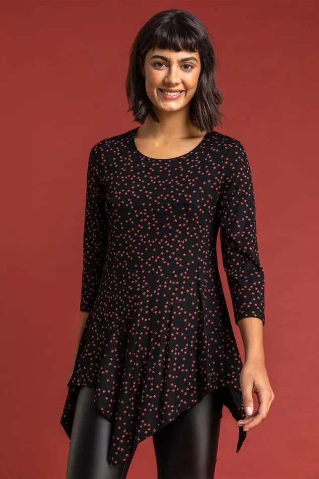 Rust Ditsy Star Print Hanky Hem Top Women Roman Tops