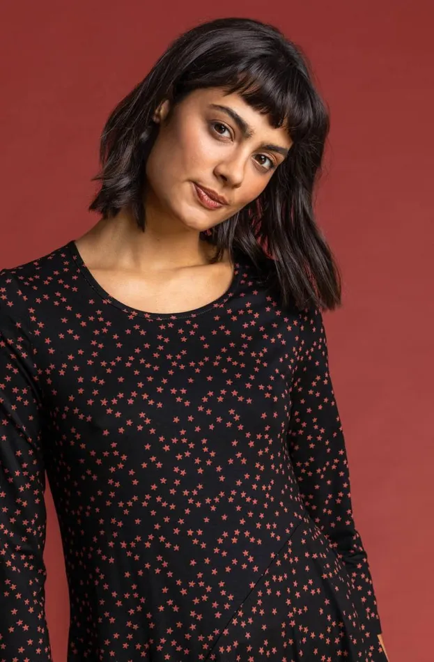 Rust Ditsy Star Print Hanky Hem Top Women Roman Tops
