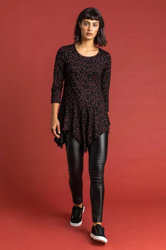 Rust Ditsy Star Print Hanky Hem Top Women Roman Tops