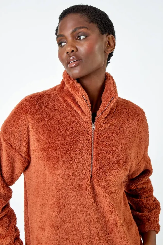 Rust Half Zip Sherpa Fleece Sweatshirt Women Roman Jackets