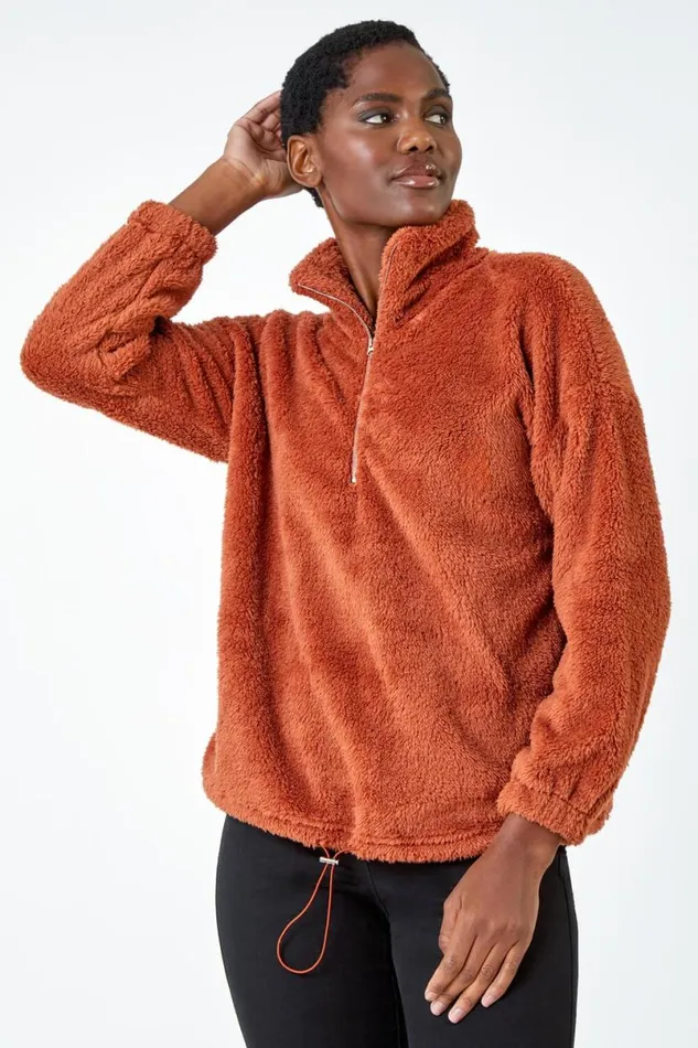 Rust Half Zip Sherpa Fleece Sweatshirt Women Roman Jackets