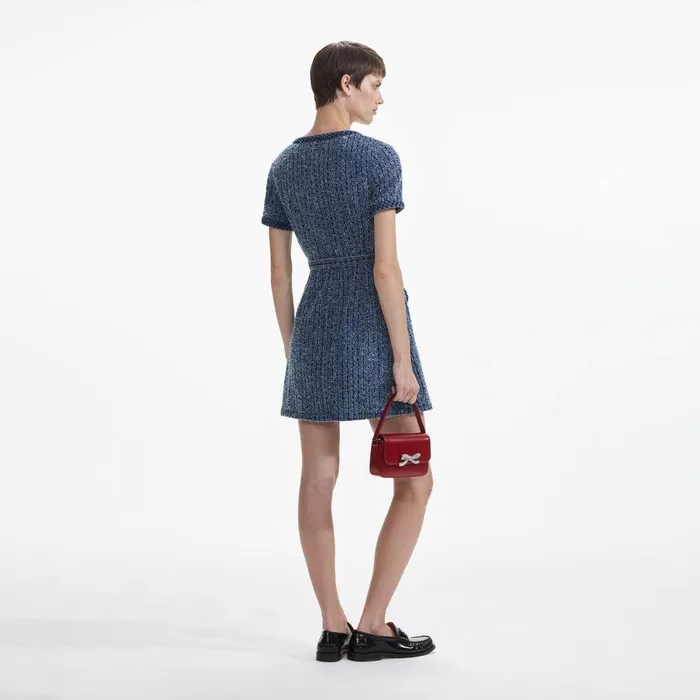 Self Portrait Denim Textured Denim Short Sleeve Mini Dress 8211 Women