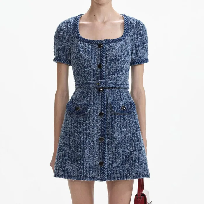 Self Portrait Denim Textured Denim Short Sleeve Mini Dress 8211 Women