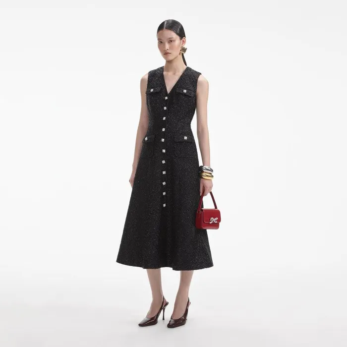 Self Portrait Dresses Black Tinsel Boucle Buttoned Midi Dress 8211 Women