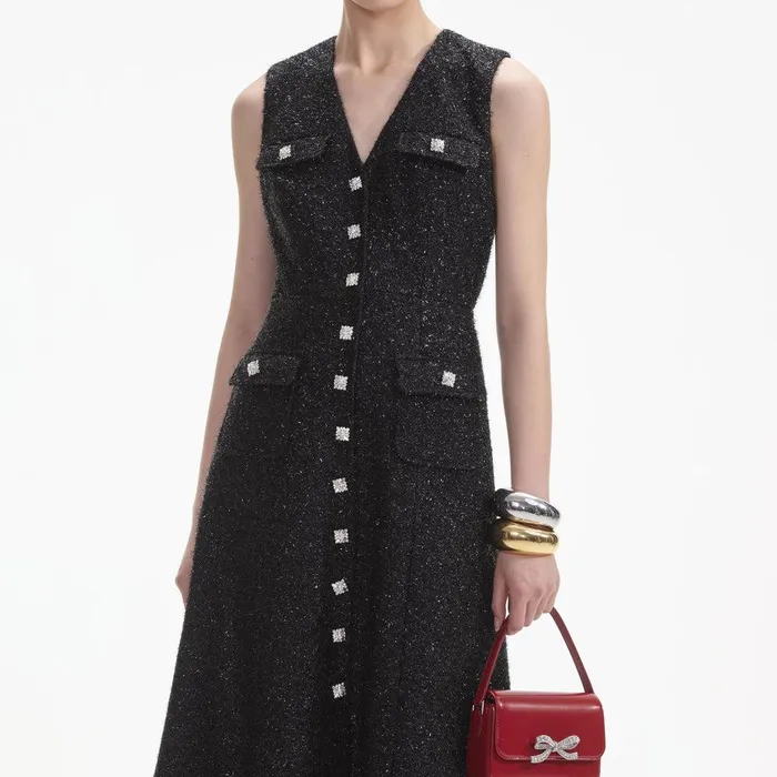 Self Portrait Dresses Black Tinsel Boucle Buttoned Midi Dress 8211 Women