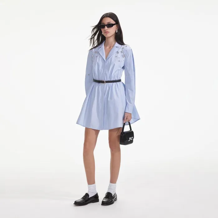 Self Portrait Dresses Blue Cotton Embellished Mini Dress 8211 Women