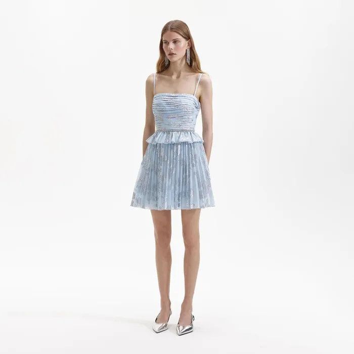 Self Portrait Dresses Blue Metallic Floral Mini Dress 8211 Women