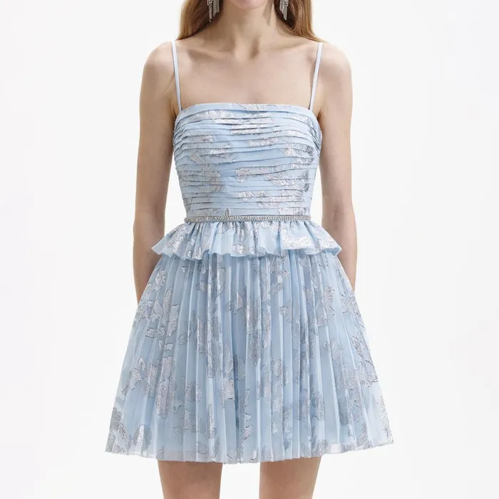 Self Portrait Dresses Blue Metallic Floral Mini Dress 8211 Women