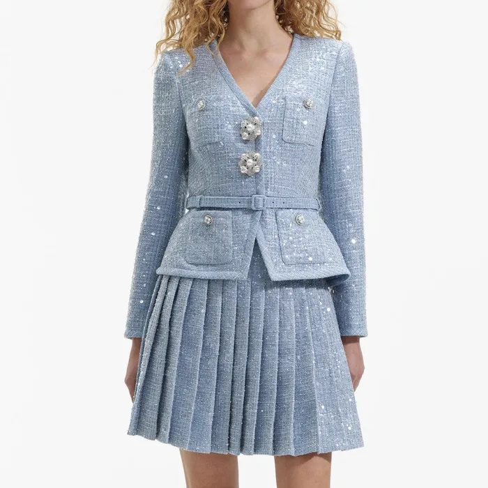 Self Portrait Dresses Blue Sequin Boucle Mini Jacket Dress 8211 Women