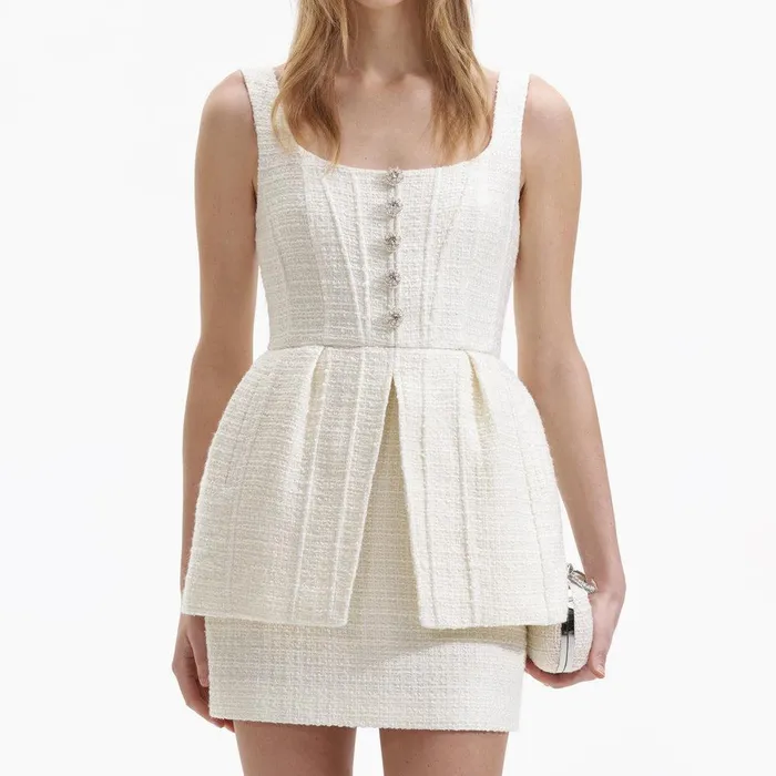Self Portrait Dresses Cream Boucle Peplum Mini Dress 8211 Women