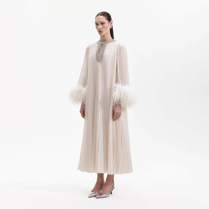 Self Portrait Dresses Cream Chiffon Feather Midi Dress 8211 Women
