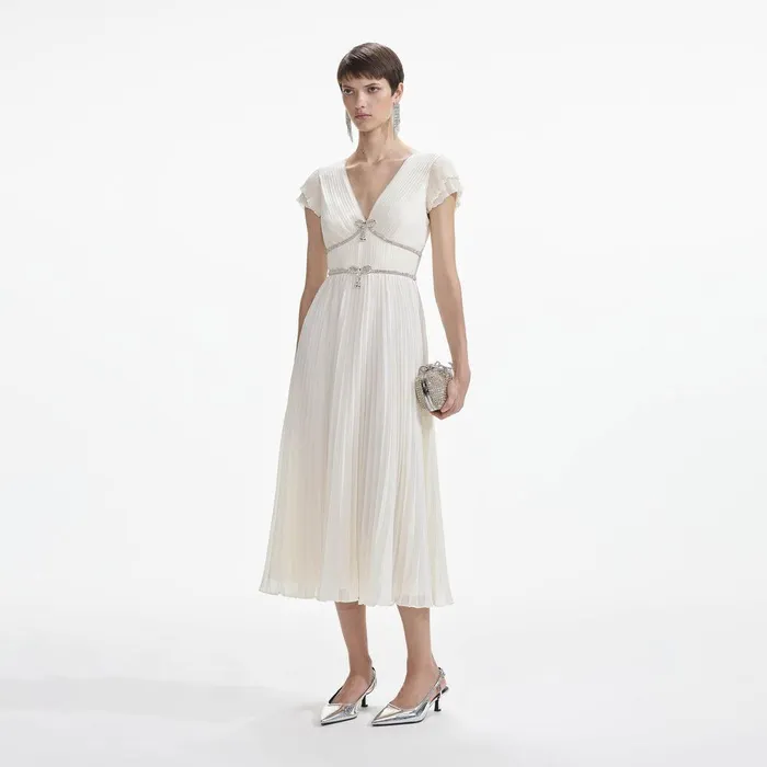 Self Portrait Dresses Cream Chiffon Pleated Midi Dress 8211 Women
