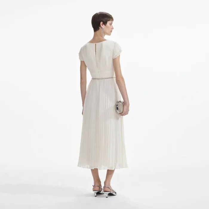 Self Portrait Dresses Cream Chiffon Pleated Midi Dress 8211 Women