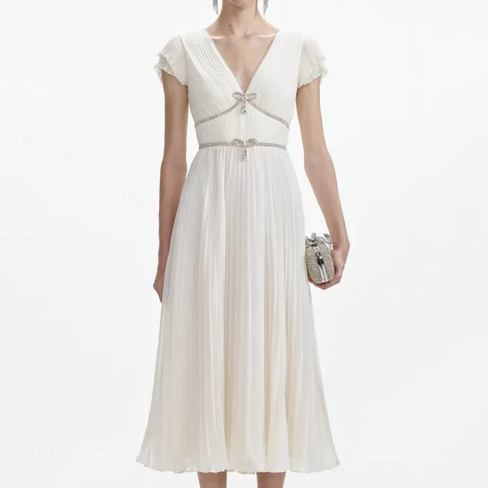 Self Portrait Dresses Cream Chiffon Pleated Midi Dress 8211 Women
