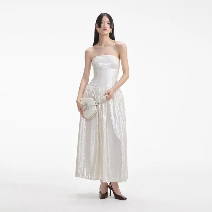 Self Portrait Dresses Cream Sequin Bandeau Midi Dress 8211 Women