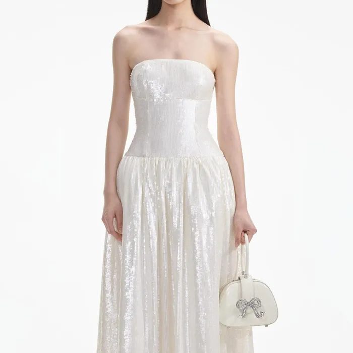 Self Portrait Dresses Cream Sequin Bandeau Midi Dress 8211 Women